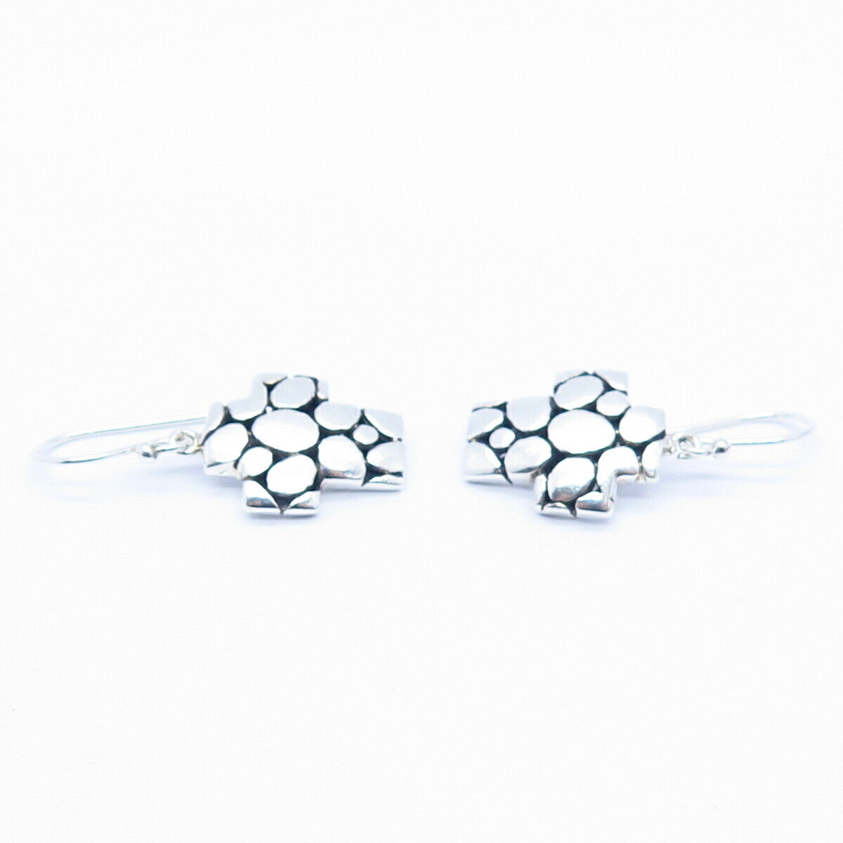 925 Sterling Silver Pebble Cross Design Dangling Earrings