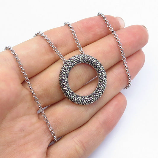 925 Sterling Silver Real Marcasite Gemstone Circle Rolo Chain Necklace 18"