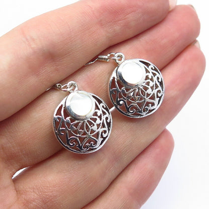 925 Sterling Silver Real Mother-of-Pearl Ornate Design Dangling Earrings