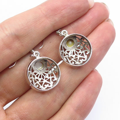 925 Sterling Silver Real Mother-of-Pearl Ornate Design Dangling Earrings