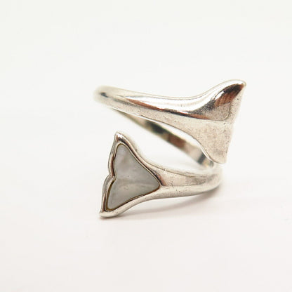 925 Sterling Silver Real Mother-of-Pearl Whale's Tail Bypass Ring Size 7.5