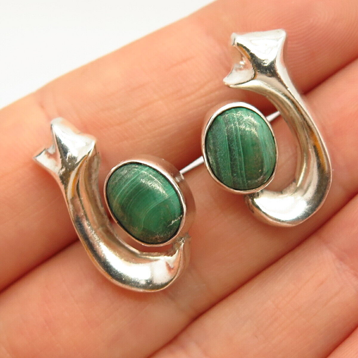 925 Sterling Silver Vintage Real Malachite Gem Modernist Design Earrings