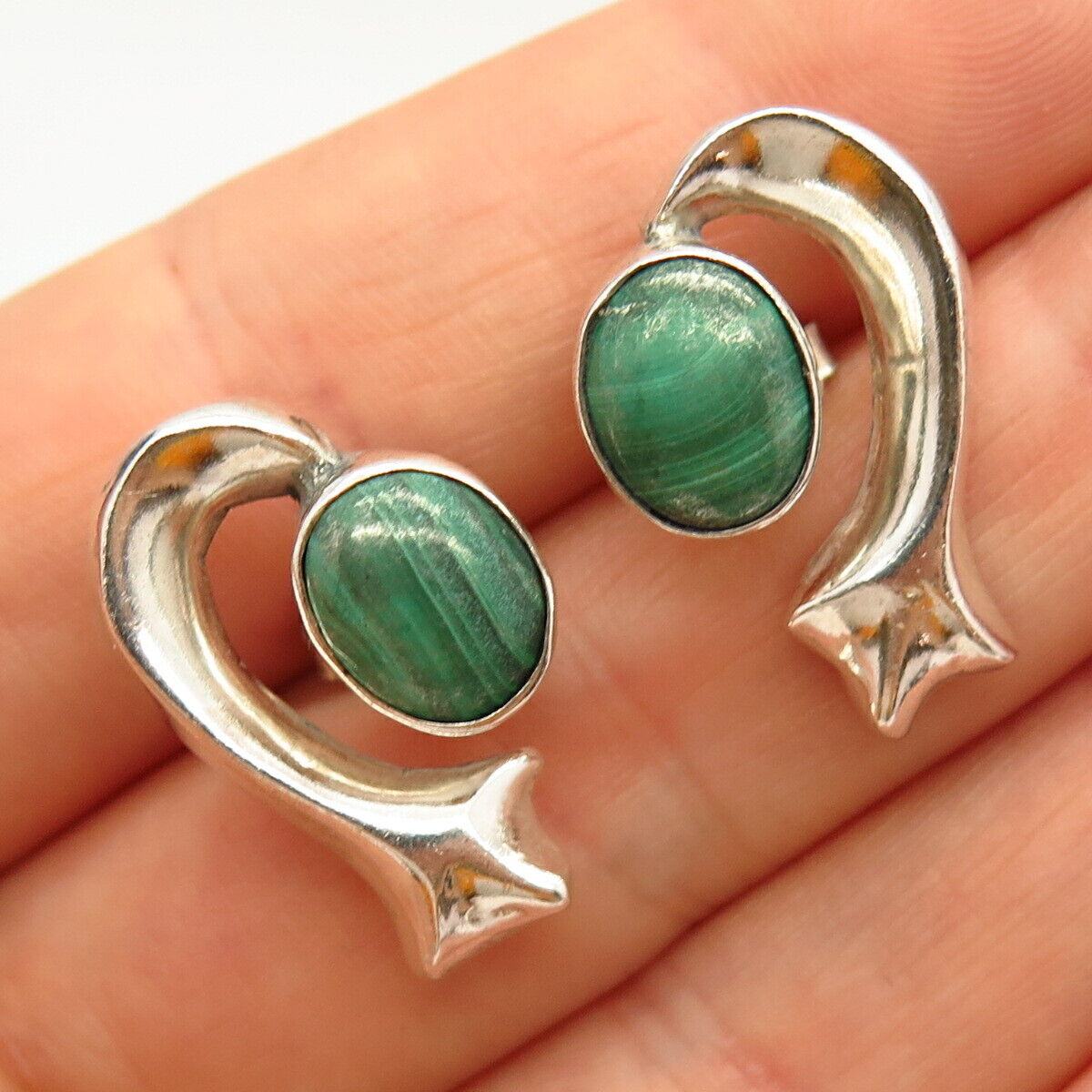 925 Sterling Silver Vintage Real Malachite Gem Modernist Design Earrings