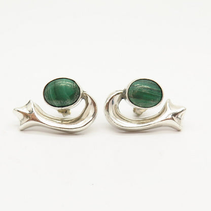 925 Sterling Silver Vintage Real Malachite Gem Modernist Design Earrings