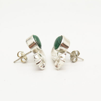 925 Sterling Silver Vintage Real Malachite Gem Modernist Design Earrings