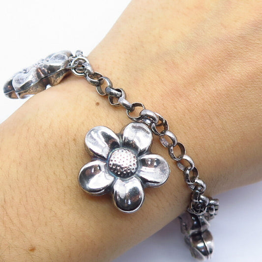 925 Sterling Silver Floral Dangling Charm Rolo Link Bracelet 7"