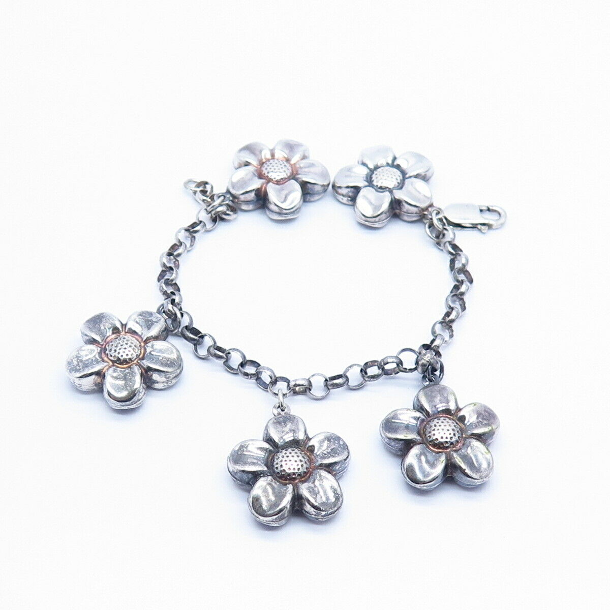 925 Sterling Silver Floral Dangling Charm Rolo Link Bracelet 7"