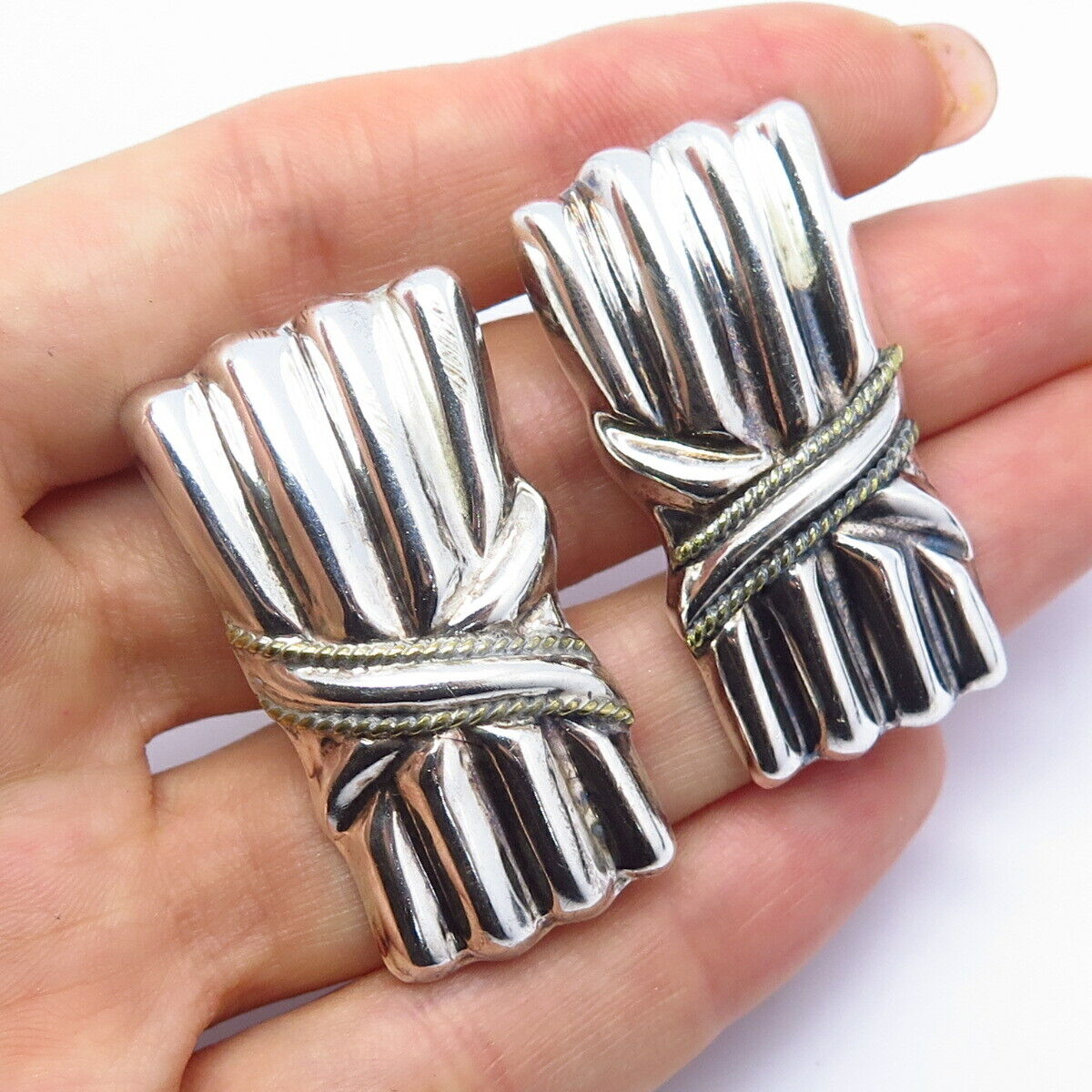 925 Sterling 2-Tone Vintage Mexico Ribbed Crossover Design Clip OnEarrings