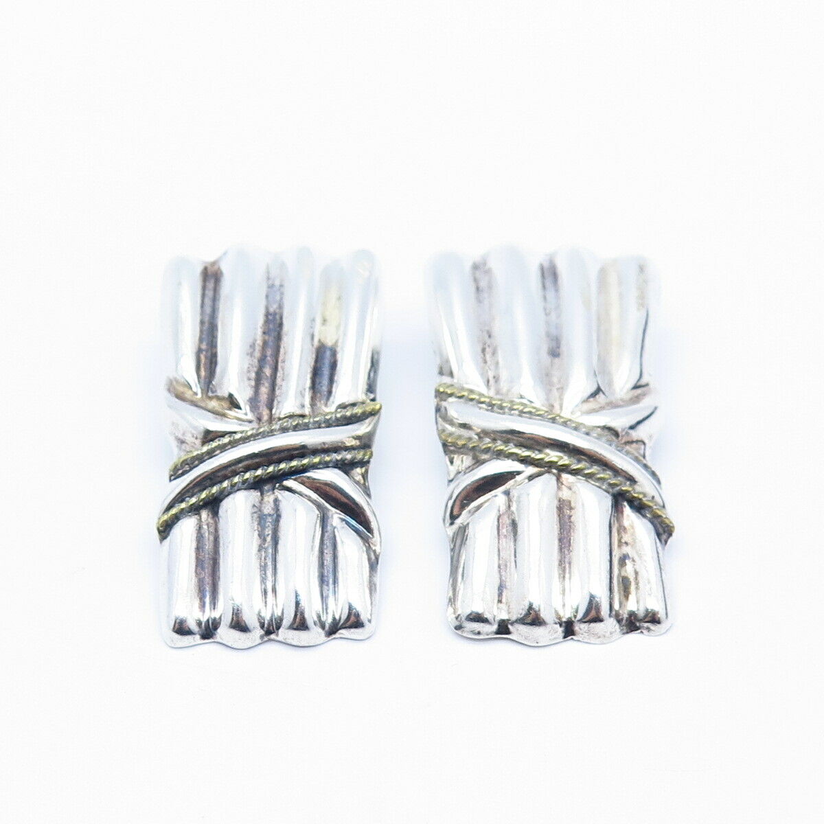 925 Sterling 2-Tone Vintage Mexico Ribbed Crossover Design Clip OnEarrings