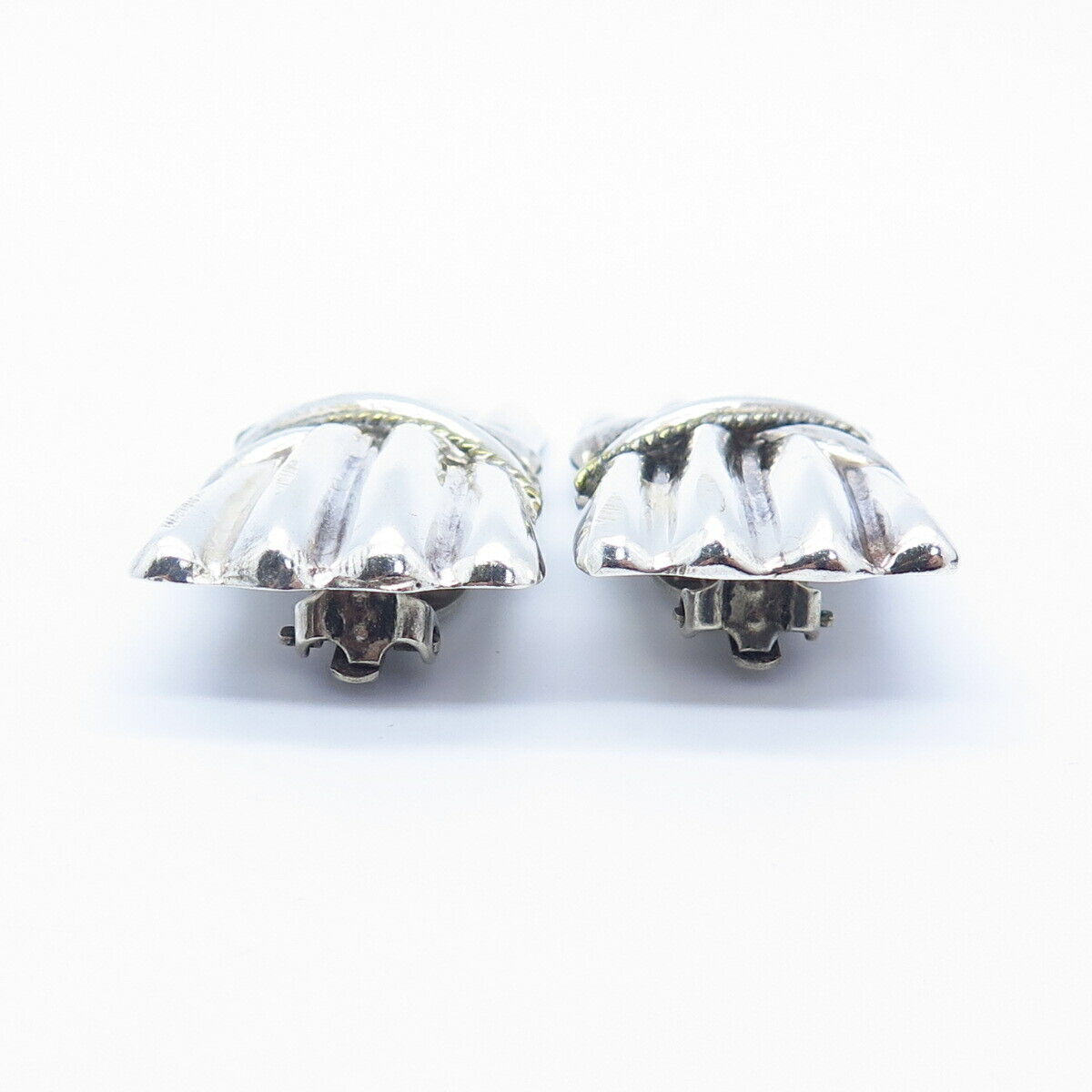 925 Sterling 2-Tone Vintage Mexico Ribbed Crossover Design Clip OnEarrings