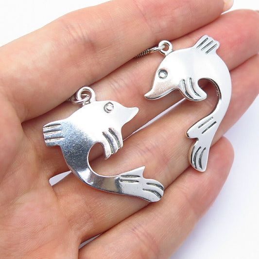 925 Sterling Silver Vintage Mexico Fish Design Dangling Earrings