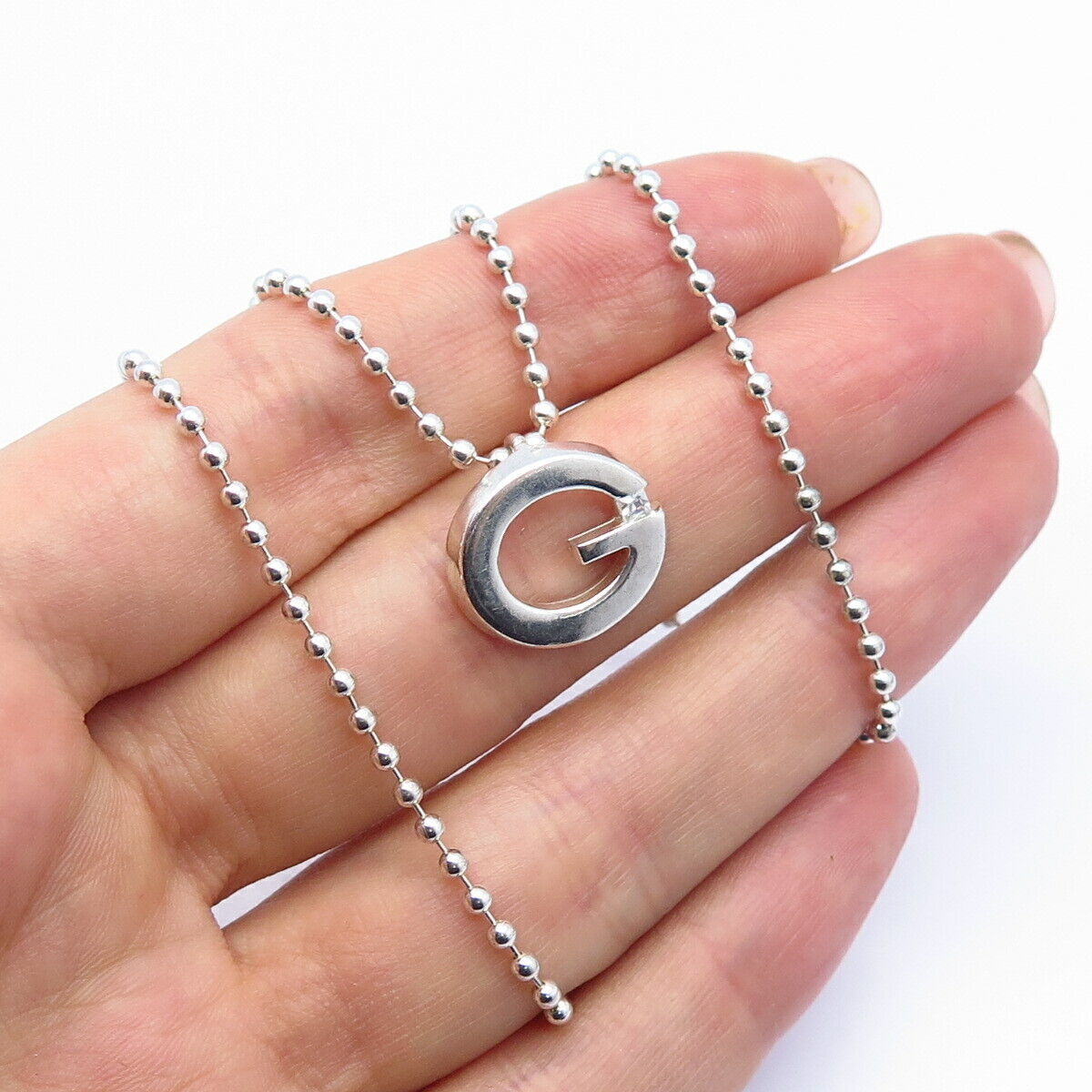 925 Sterling Silver C Z Letter "G" Initial Design Bead Chain Necklace 15"