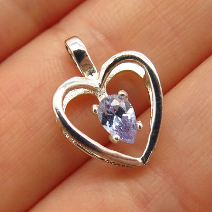 925 Sterling Silver Amethyst-Tone C Z Open Heart Pendant