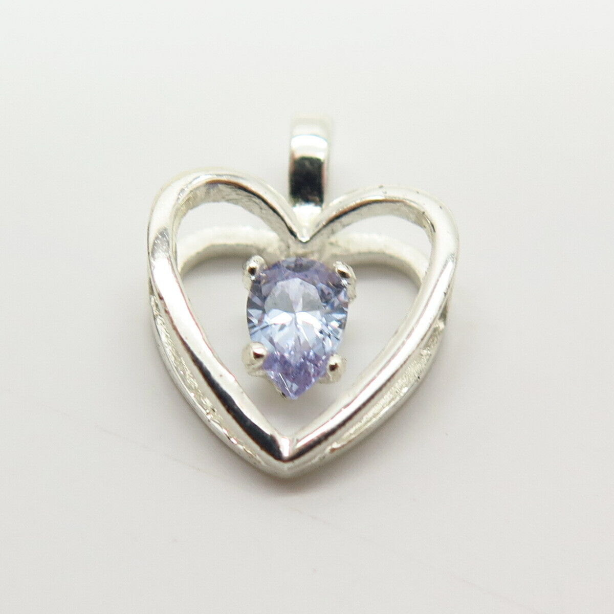 925 Sterling Silver Amethyst-Tone C Z Open Heart Pendant