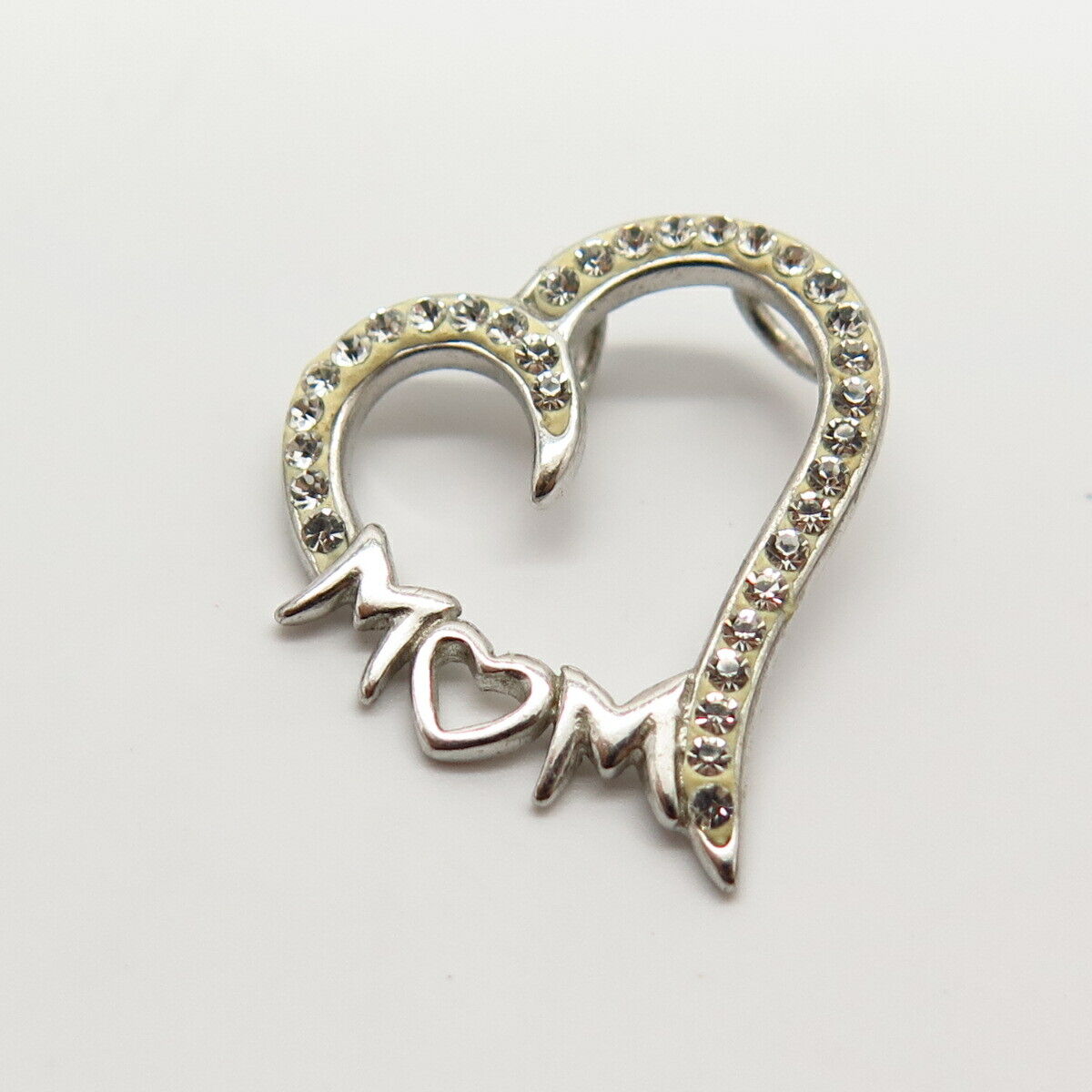 925 Sterling Silver C Z "Mom" Open Heart Slide Pendant