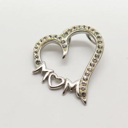 925 Sterling Silver C Z "Mom" Open Heart Slide Pendant