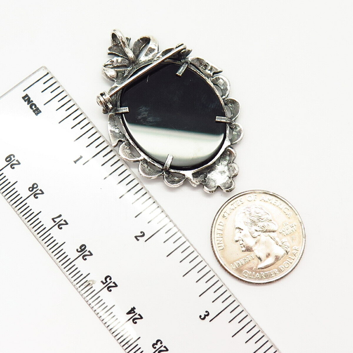 925 Sterling Black Onyx Marcasite Gem & MOP Cameo Victorian Lady Brooch /Pendant