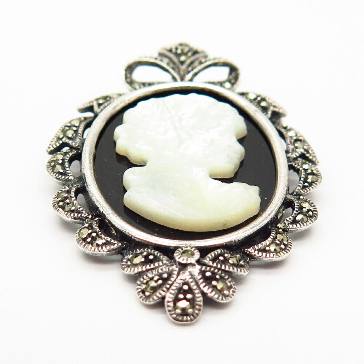 925 Sterling Black Onyx Marcasite Gem & MOP Cameo Victorian Lady Brooch /Pendant