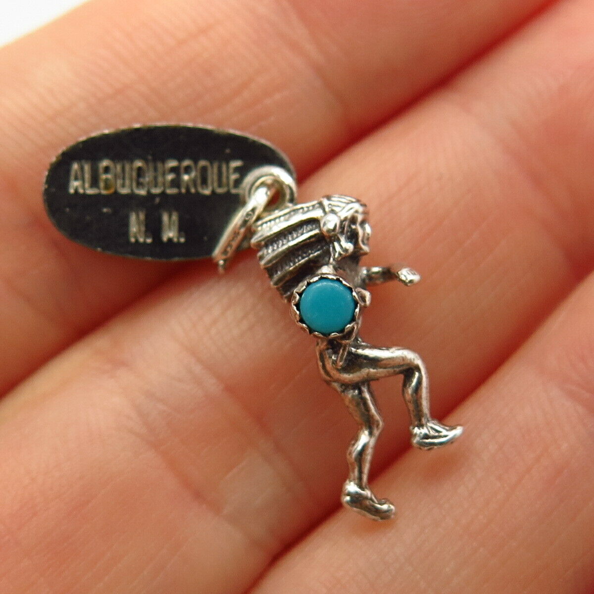 925 Sterling Vintage Turquoise Gem "Albuquerque" Tribal Warrior Charm Pendant