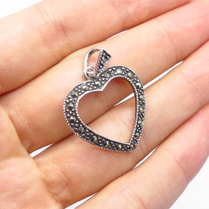 925 Sterling Silver Real Marcasite Gemstone Open Heart Pendant