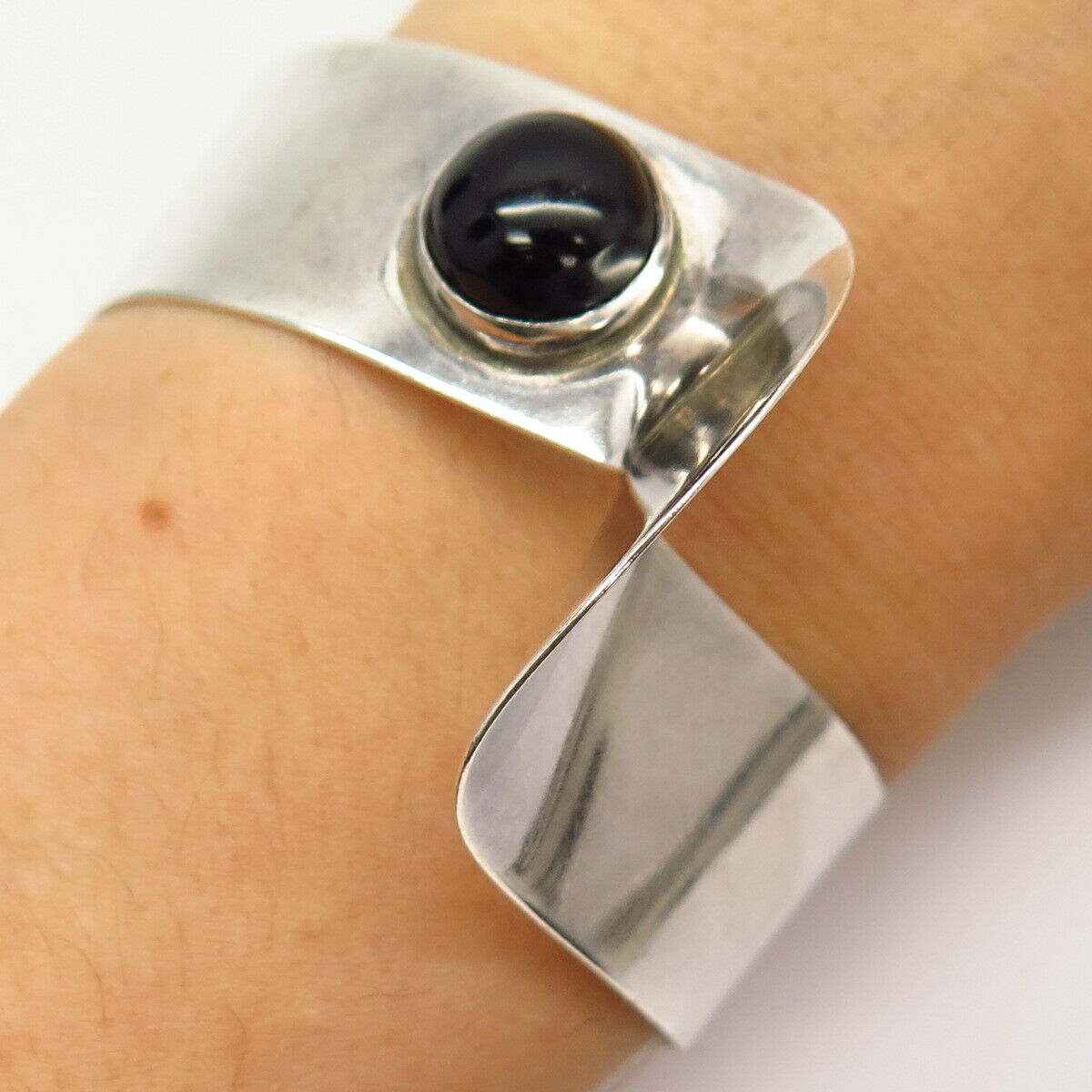 925 Sterling Silver Vintage Mexico Real Black Onyx Gemstone Cuff Bracelet 6 3/4"