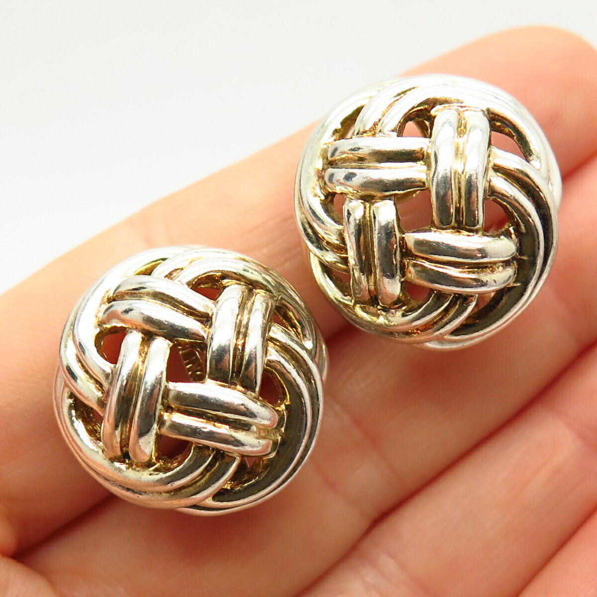 925 Sterling Silver 2-Tone Domed Woven Knot Design Clip On Earrings