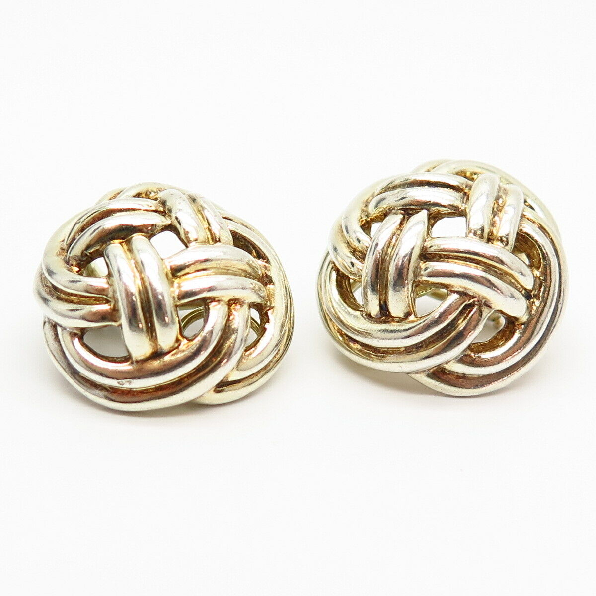 925 Sterling Silver 2-Tone Domed Woven Knot Design Clip On Earrings