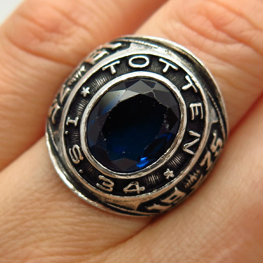 925 Sterling Silver Vintage Blue C Z "Totten" School Ring Size 7 3/4