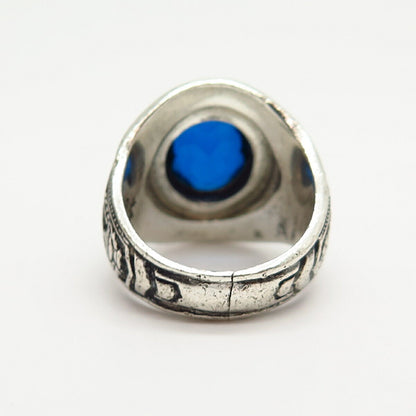 925 Sterling Silver Vintage Blue C Z "Totten" School Ring Size 7 3/4