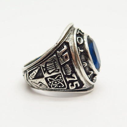 925 Sterling Silver Vintage Blue C Z "Totten" School Ring Size 7 3/4