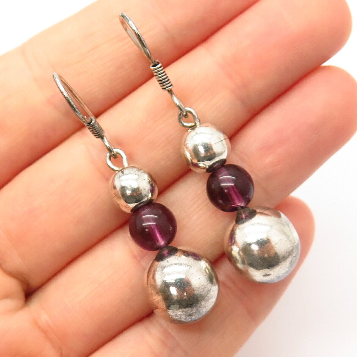 925 Sterling Silver Real Pink Amethyst Gemstone Ball Dangling Earrings