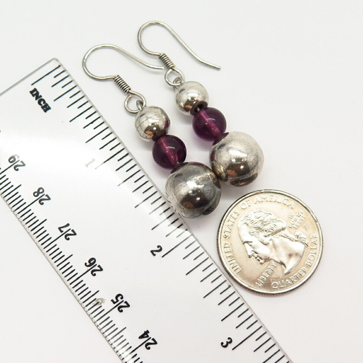 925 Sterling Silver Real Pink Amethyst Gemstone Ball Dangling Earrings