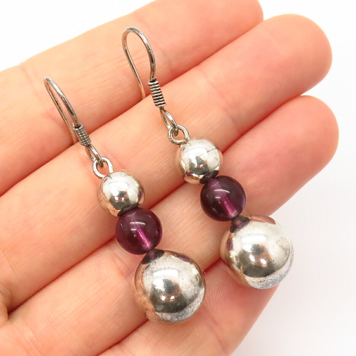 925 Sterling Silver Real Pink Amethyst Gemstone Ball Dangling Earrings