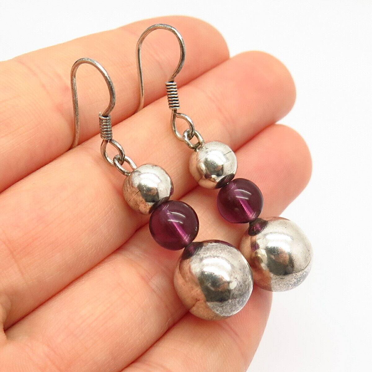 925 Sterling Silver Real Pink Amethyst Gemstone Ball Dangling Earrings