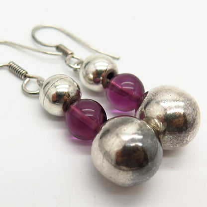 925 Sterling Silver Real Pink Amethyst Gemstone Ball Dangling Earrings