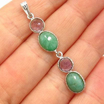 925 Sterling Silver Real Amethyst & Emerald Gemstone Dangling Pendant