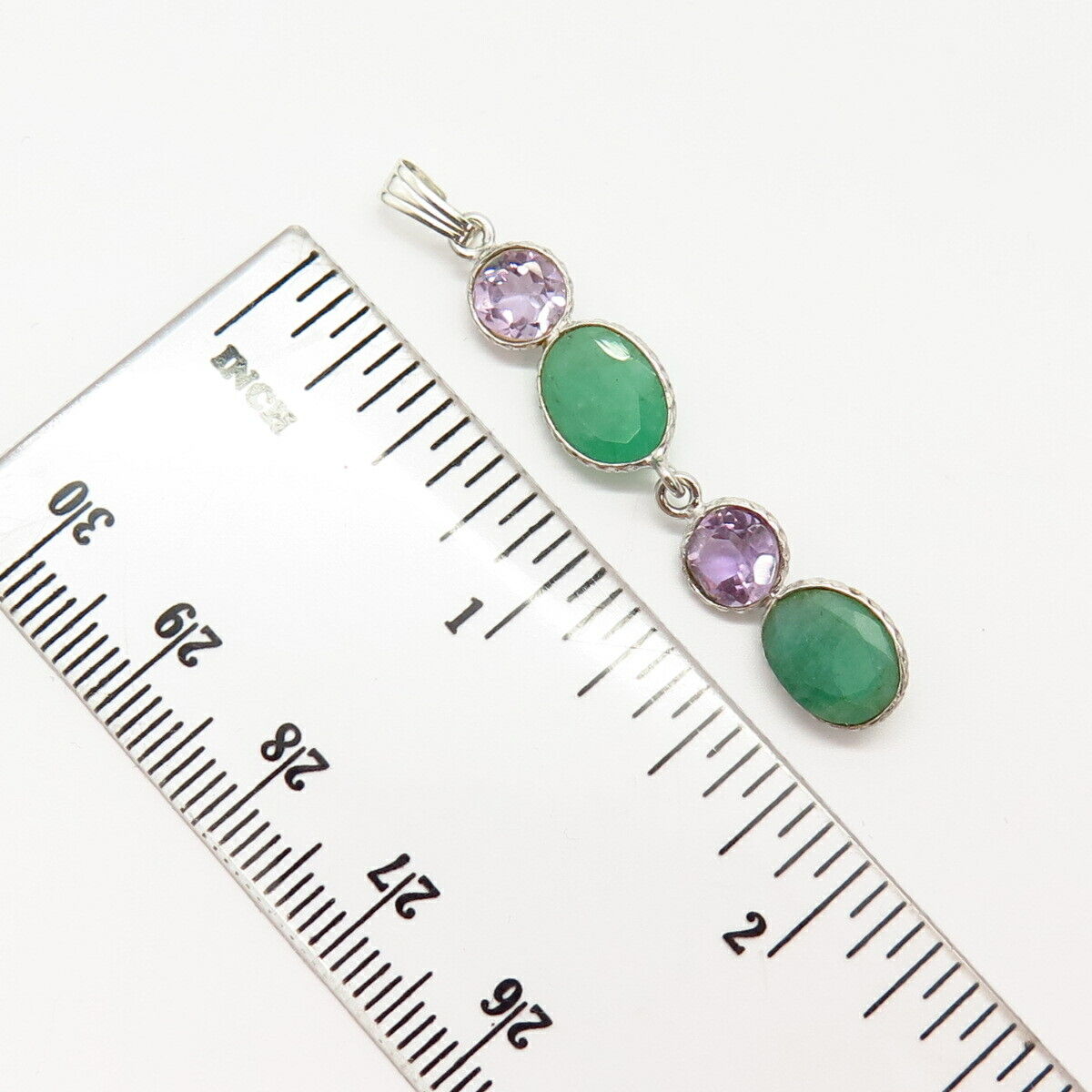 925 Sterling Silver Real Amethyst & Emerald Gemstone Dangling Pendant