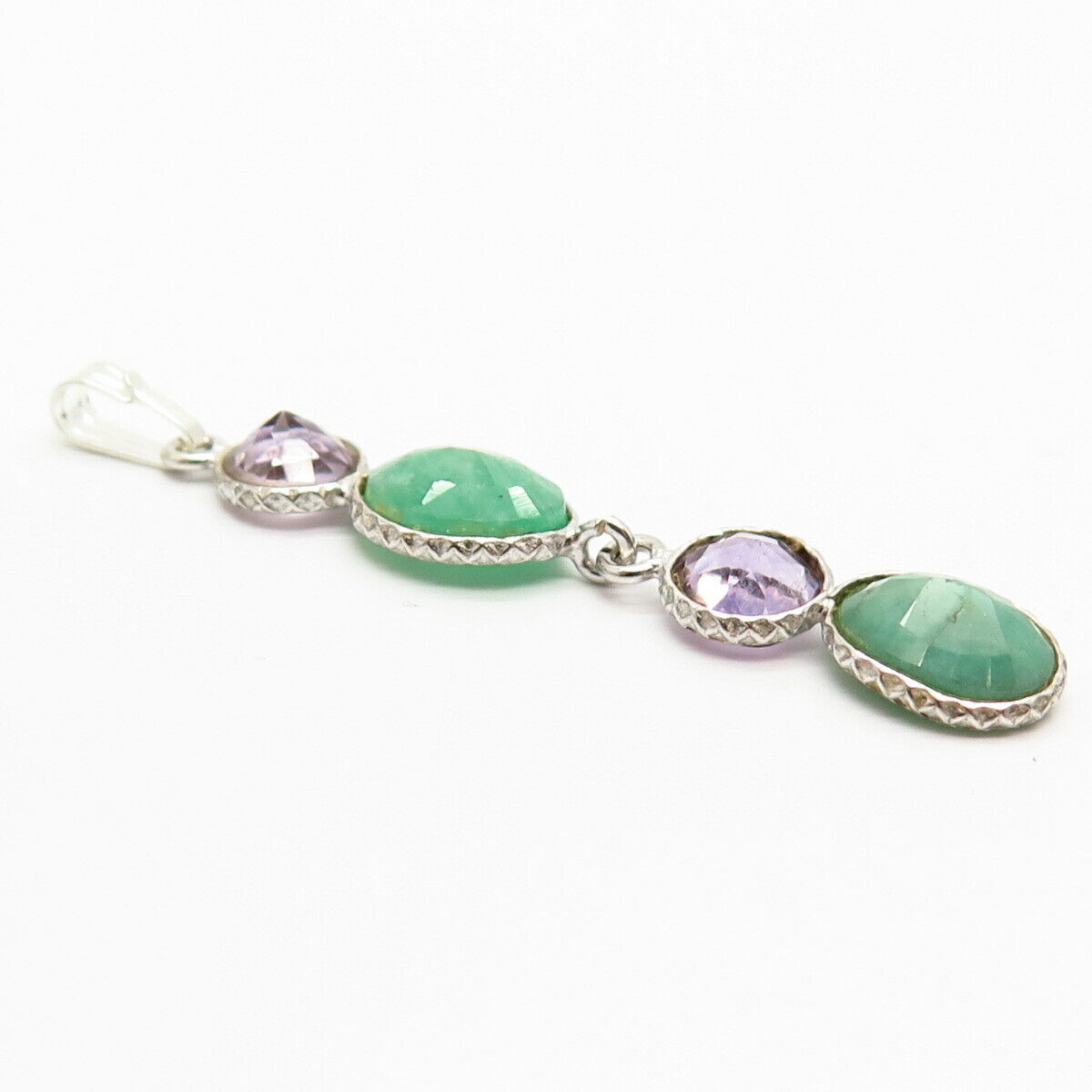 925 Sterling Silver Real Amethyst & Emerald Gemstone Dangling Pendant