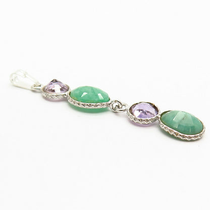 925 Sterling Silver Real Amethyst & Emerald Gemstone Dangling Pendant