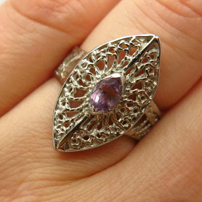 925 Sterling Silver Real Amethyst Gemstone Ornate Filigree Ring Size 7