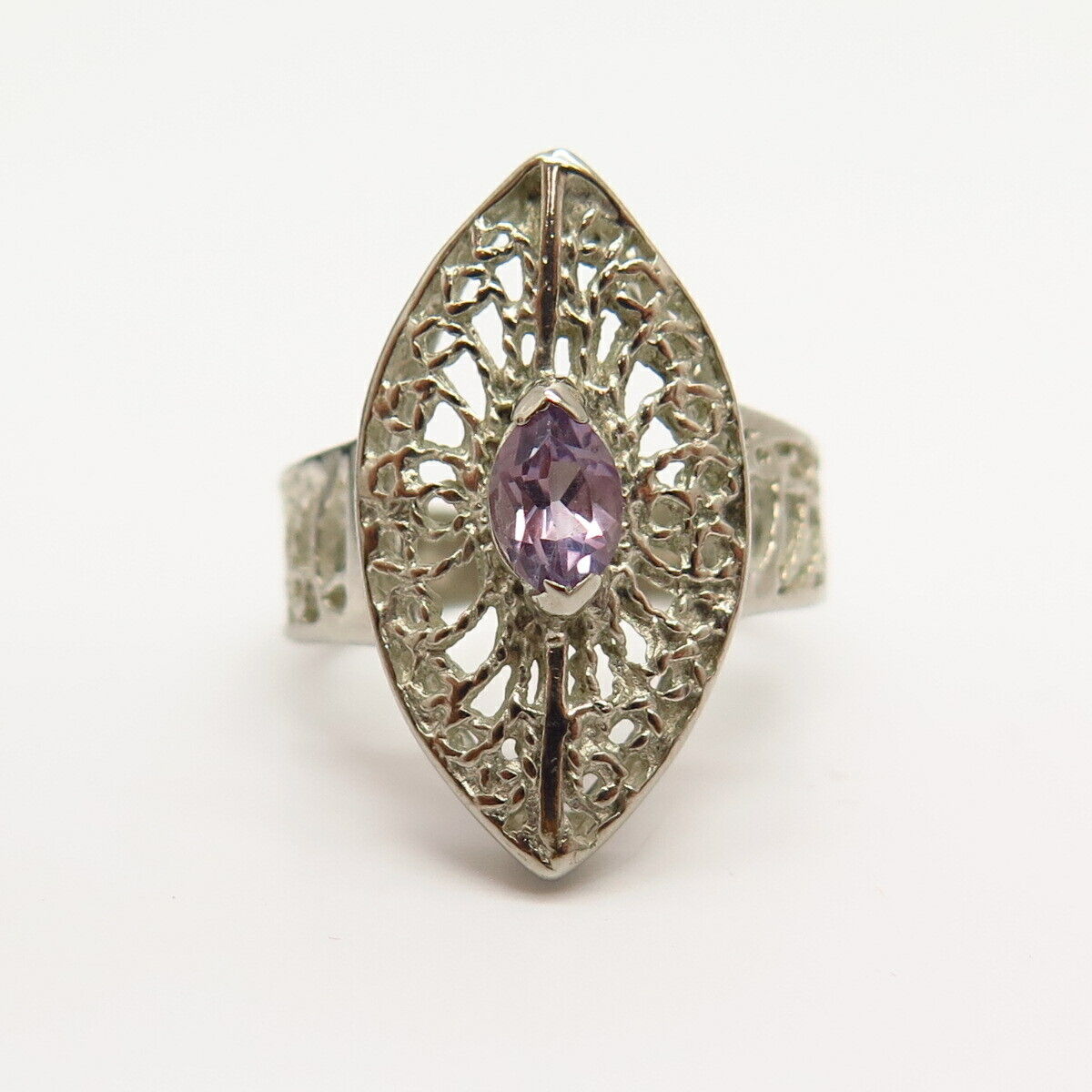 925 Sterling Silver Real Amethyst Gemstone Ornate Filigree Ring Size 7