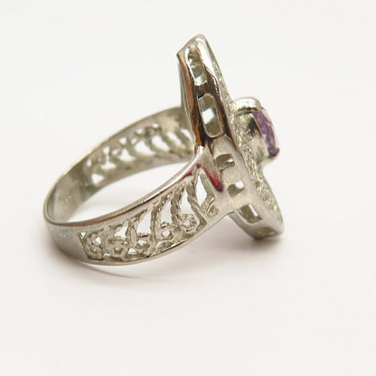 925 Sterling Silver Real Amethyst Gemstone Ornate Filigree Ring Size 7