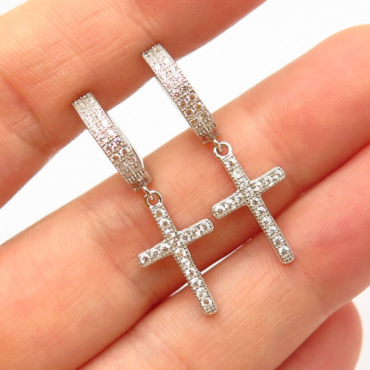 925 Sterling Silver Pave C Z Dangling Cross Small Hoop Huggie Earrings