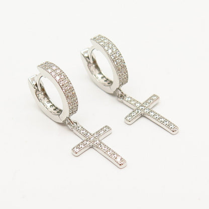 925 Sterling Silver Pave C Z Dangling Cross Small Hoop Huggie Earrings