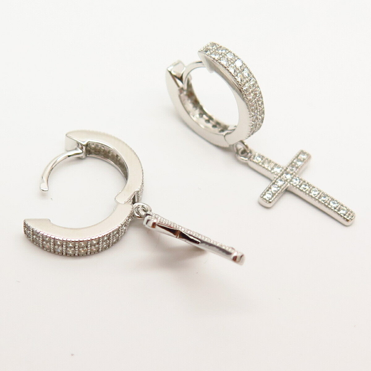 925 Sterling Silver Pave C Z Dangling Cross Small Hoop Huggie Earrings