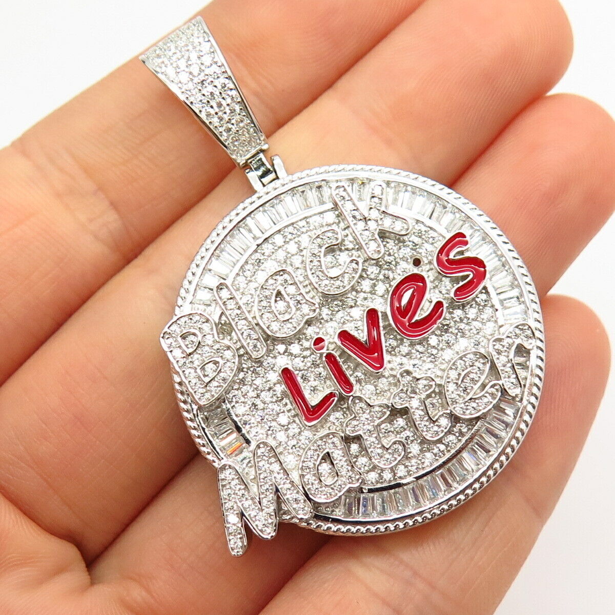 925 Sterling Silver Pave C Z & Enamel "Black Lives Matter" / "BLM" Large Pendant