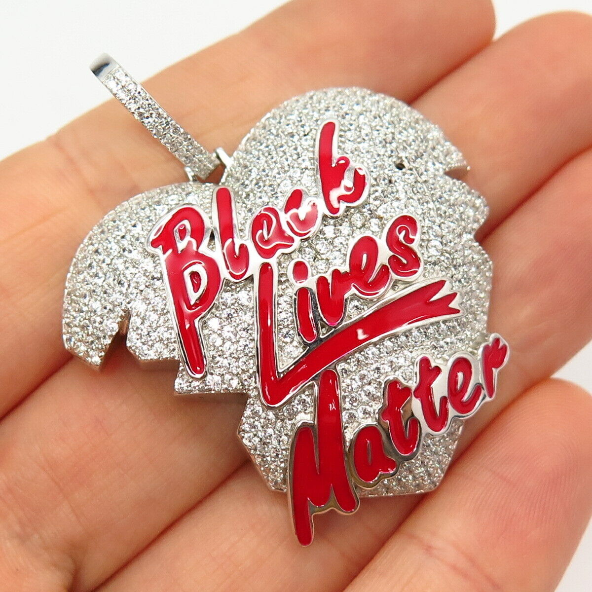 925 Sterling Silver Pave C Z & Enamel "Black Lives Matter" / "BLM" Heart Pendant