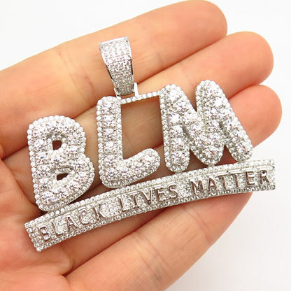 925 Sterling Silver Pave C Z "Black Lives Matter" / "BLM" Large Pendant