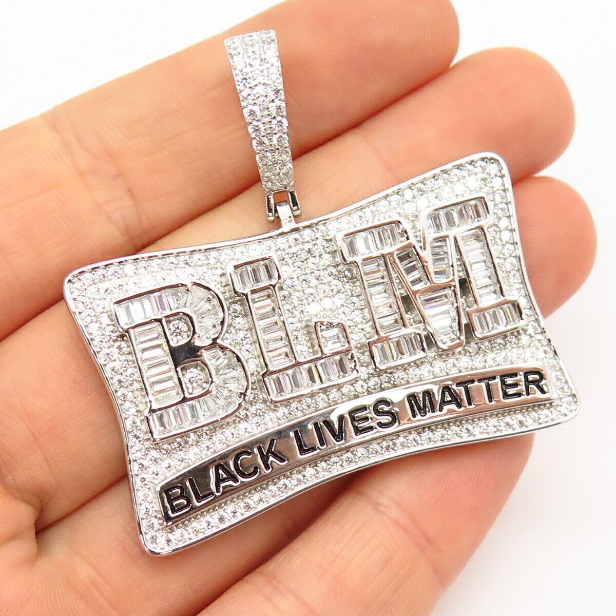 925 Sterling Silver Pave C Z "Black Lives Matter" / "BLM" Large Pendant