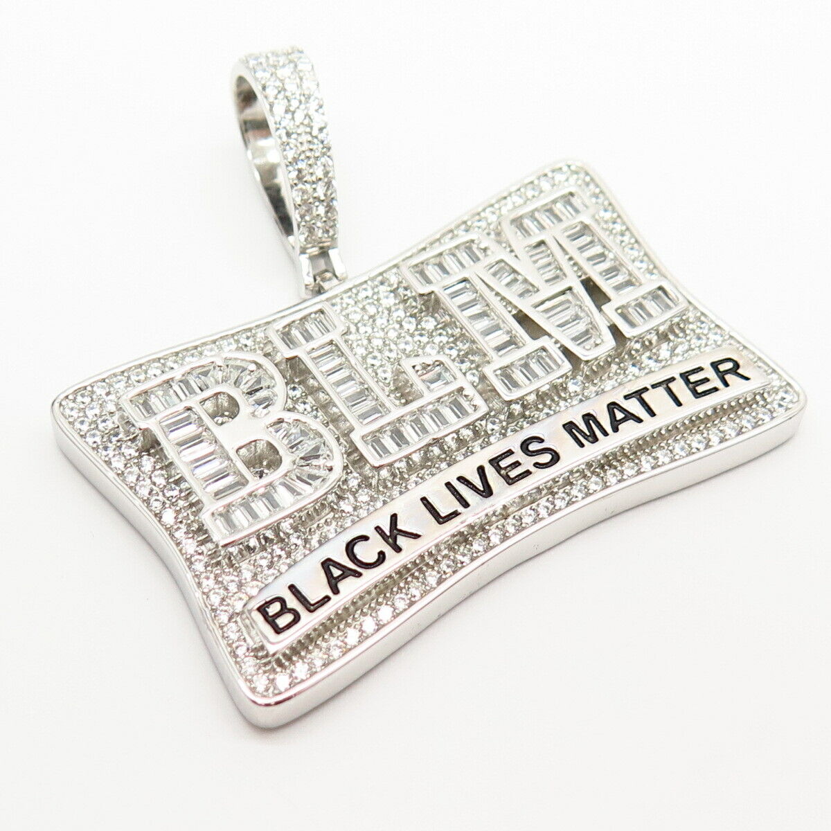 925 Sterling Silver Pave C Z "Black Lives Matter" / "BLM" Large Pendant